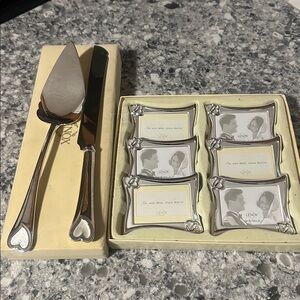 Lennox promises cake set silver and place card frames plated heart design